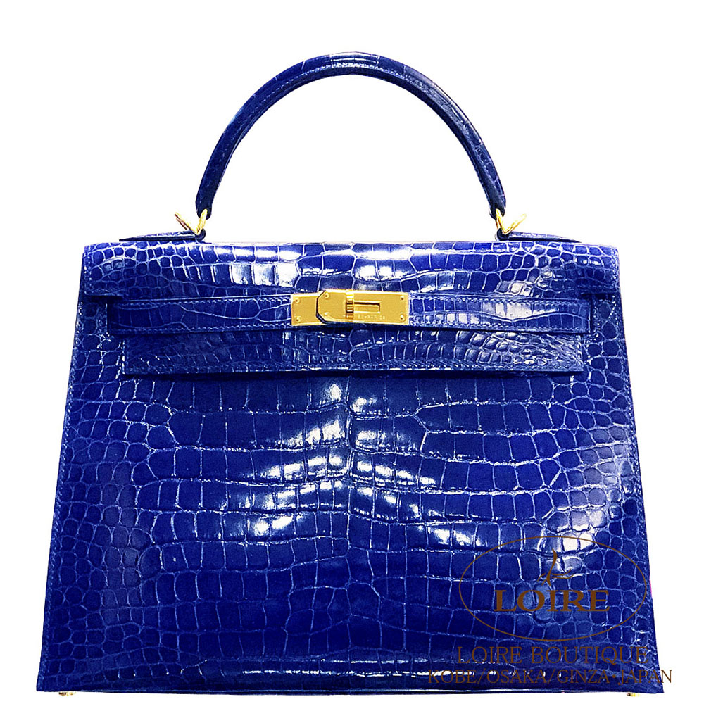 エルメス<br>ケリー 32cm 外縫い<br>ブルーエレクトリック<br>クロコダイル ポロサス<br>ゴールド金具　