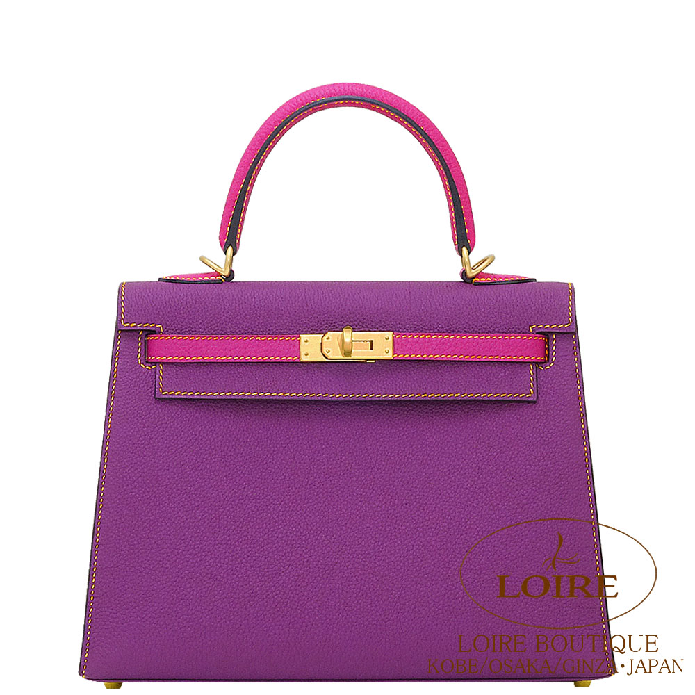 エルメス<br>ケリー 25cm 外縫い<br>パーソナル<br>アネモネ×ローズパープル<br>(ジョーヌドールステッチ)<br>トゴ<br>マットゴールド金具