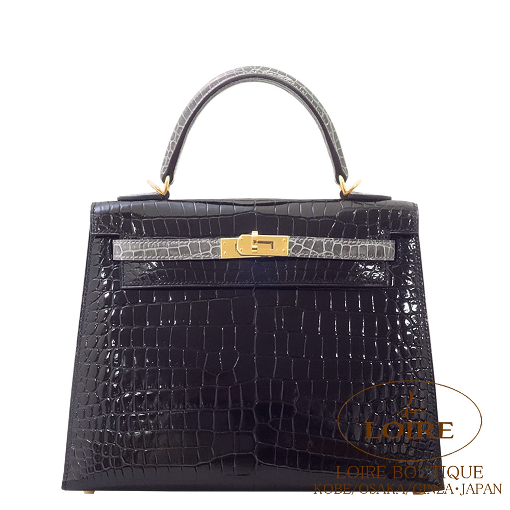 エルメス<br>ケリー 25cm 外縫い<br>パーソナル<br>クロ×グリトゥールトゥレール<br>クロコダイル ポロサス<br>ゴールド金具