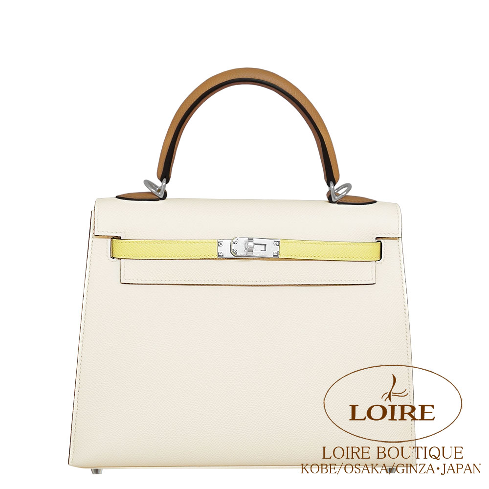 エルメス<br>ケリー 25cm 外縫い<br>トリコロール<br>ナタ×ジョーヌプッサン×セサミ<br>エプソン<br>シルバー金具　