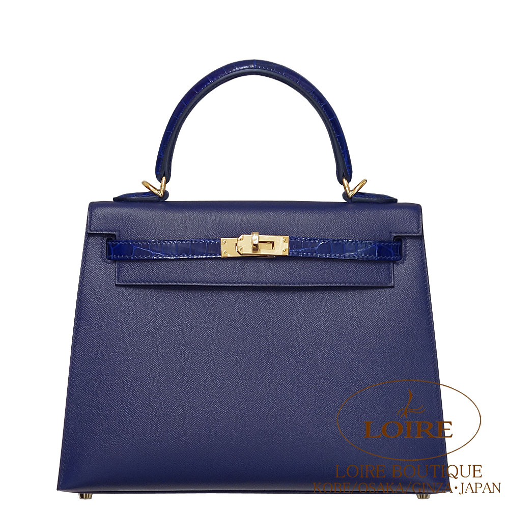エルメス<br>ケリー 25cm 外縫い<br>タッチ<br>ブルーサフィール<br>ヴォー・マダム×クロコダイル ニロティカス<br>シャンパンゴールド金具