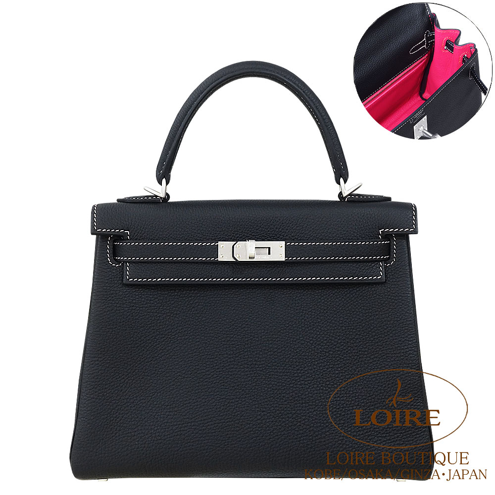 エルメス<br>ケリー 25cm 内縫い<br>パーソナル<br>クロ×内側ローズショッキング<br>(ローズ サクラステッチ)<br>トゴ<br>マットシルバー金具