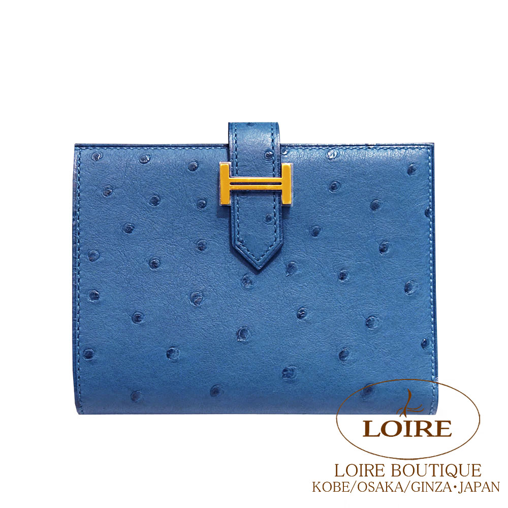 エルメス<br>ベアン コンパクト<br>ディープブルー<br>オーストリッチ<br>ゴールド金具