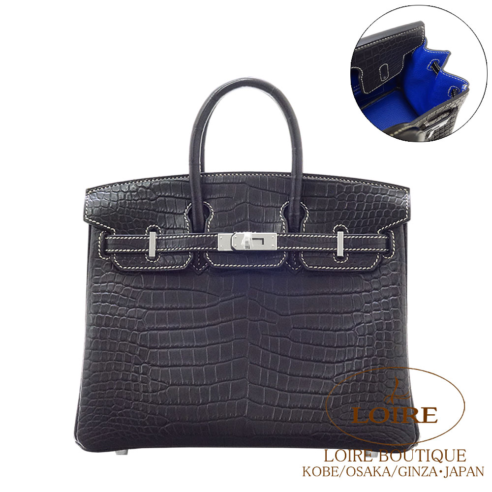 エルメス<br>バーキン 25cm<br>パーソナル<br>クロ×内側ブルーエレクトリック<br>(ベトンステッチ)<br>クロコダイル ポロサスマット<br>シルバー金具