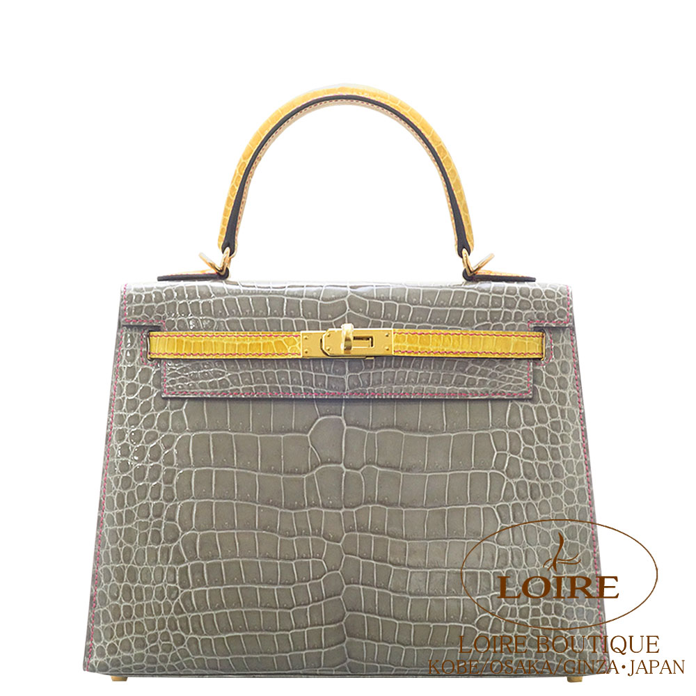 エルメス<br>ケリー 25cm 外縫い<br>パーソナル<br>グリトゥールトゥレール×ジョーヌアンブル(ローズシェヘラザードステッチ)<br>クロコダイル ポロサス<br>ゴールド金具